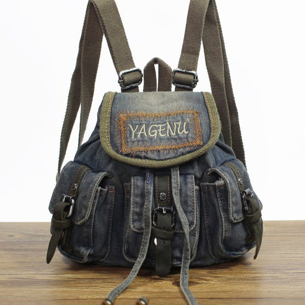 Vintage Denim Blue Womens Backpack School Backpack - Back View
