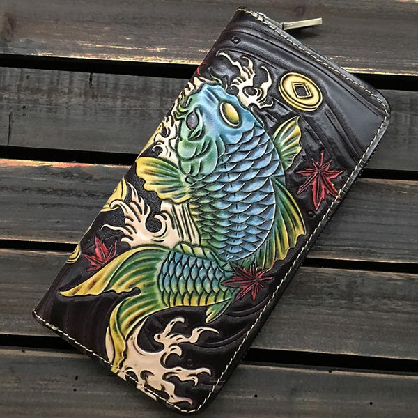 Black Handmade Tooled Leather Double Carp Clutch - Back View