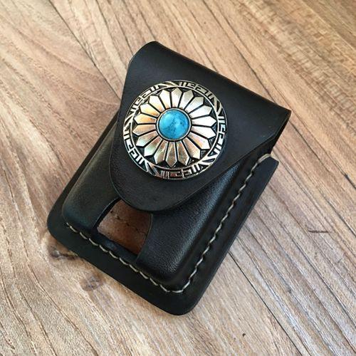 Handmade Black Leather Mens Classic Zippo Lighter - Back View