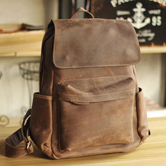 Cool Brown Leather Mens Travel Backpack Work 14'' School Backpack Work Backpack For Men