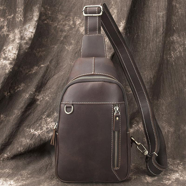 Simple Black Leather Sling Backpack Mens Sling - Back View