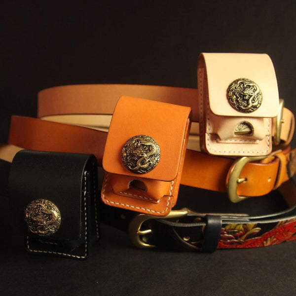 Black Handmade Leather Mens Cool Belt Cigarette Case Holder Cigarette Lighter Ca YJYBJ01181011