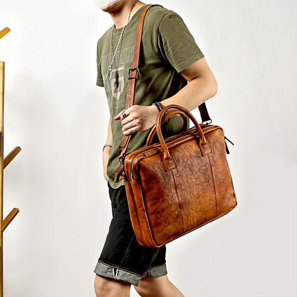 Vintage Brown Mens Leather Briefcase Work Handbag - Back View