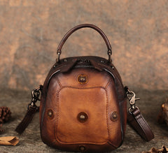 Small Brown Leather Womens Rivets Shoulder Bag Barrel Small Handmade Handbag Purse for Ladies