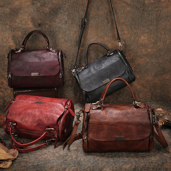 Black Gray Vintage Womens Leather Handbag Purse - Leather Texture Detail