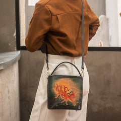 Handmade Womens Tooled Leather Square Handbag Purse SunFlower Crossbody Bag for Women