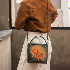 Handmade Womens Tooled Leather Square Handbag Purse Fox Crossbody Bag for Women