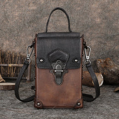 Leather Brown Womens Small Box Shoulder Bag Cube Small Handmade Handbag Purse for Ladies