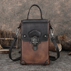 Brown Leather Womens Small Box Shoulder Bag Cube Small Handmade Handbag Purse for Ladies