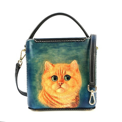 Handmade Womens Tooled Leather Square Handbag Purse Cat Crossbody Bag for Women