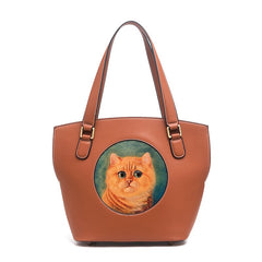 Handmade Womens Brown Leather Tote Handbag Purse Ginger Cat Tote Bag for Women