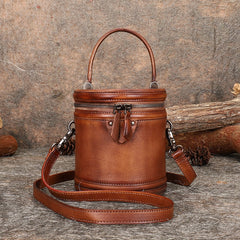 Brown Leather Womens Bucket Handbag Barrel Shoulder Bag Crossbody Purse for Ladies