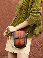 Green Floral Leather Womens VIntage Phone Shoulder - Stitching Detail