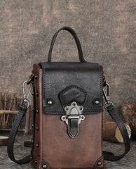 Red Brown Leather Womens Small Box Shoulder Bag Cube Small Handmade Handbag Purse for Ladies