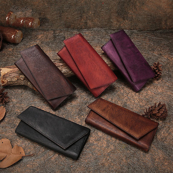 Womens Vintage Leather Trifold Long Wallet Geometry - Chain Detail