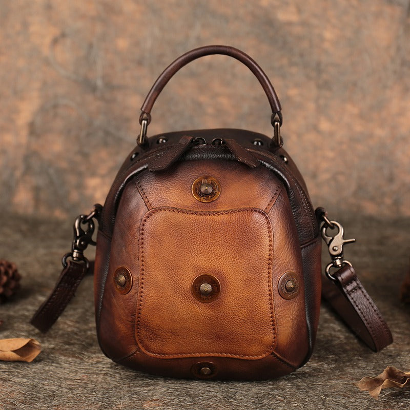 Small Brown Leather Womens Rivets Shoulder Bag Barrel Small Handmade Handbag Purse for Ladies