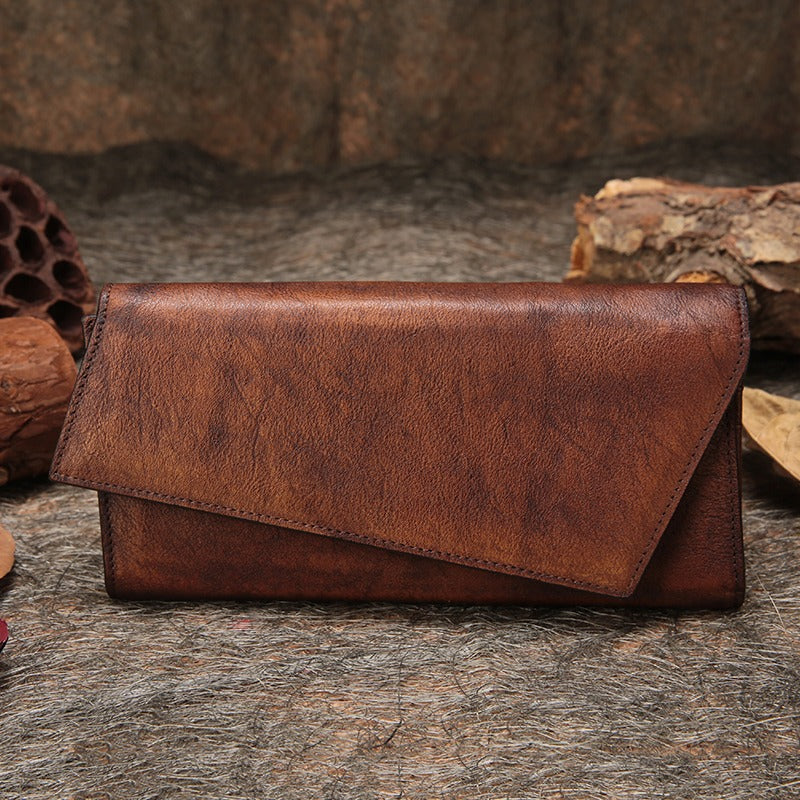 Purple Womens Vintage Leather Trifold Long Wallet - Leather Texture Detail