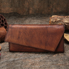 Purple Womens Vintage Leather Trifold Long Wallet - Leather Texture Detail