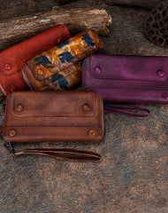 Vintage Brown Leather Wristlet Wallets Womens Zip Around Wallet Ladies Bifold Clutch Wallet for Women