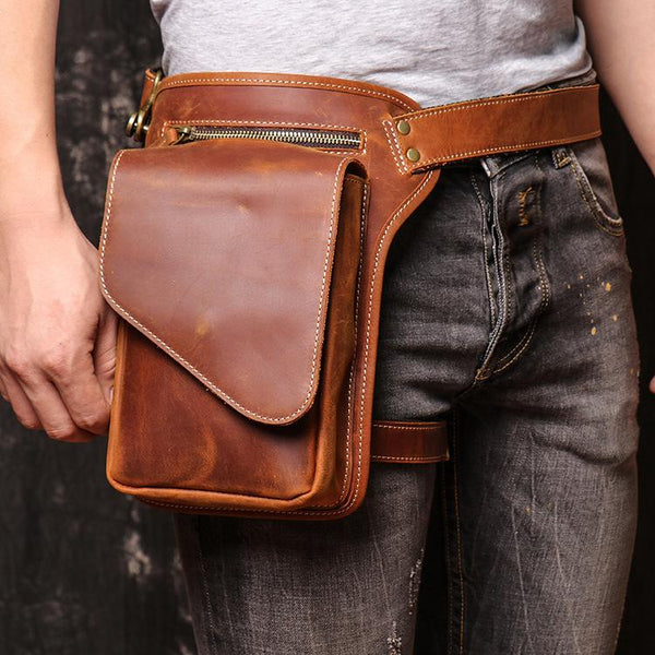 Brown MENS LEATHER FANNY PACK FOR MEN - Back View