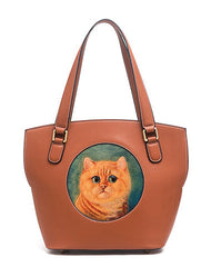 Handmade Womens Brown Leather Totes Handbag Purse Black Cat Tote Bag for Women