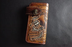 Tooled Handmade Leather Mens Long Biker Wallets Chain Wallet Biker Chain Wallets For Men