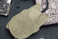 Handmade Car Key Wallet Vintage Leather Wallet Cat Kitty Cute Carved Floral Leather Accessories Gift For Men Women - EverHandmade