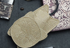 Handmade Car Key Wallet Vintage Leather Wallet Cat Kitty Cute Carved Floral Leather Accessories Gift For Men Women