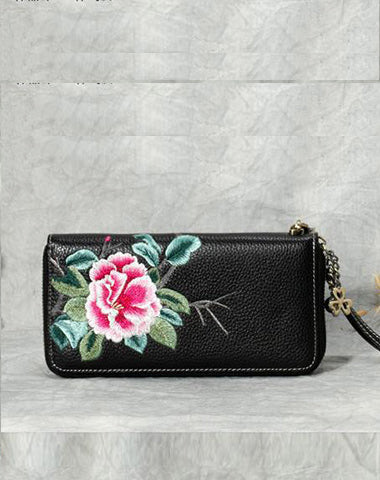 Handmade Embroidery Black Leather Peony Wristlet Wallet Womens Zip Around Wallets Flowers Peony Ladies Zipper Clutch Wallet for Women