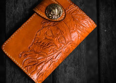 Handmade Leather Tooled Skull Indian Chief Biker Wallets Mens Cool billfold Chain Wallet Trucker Wallet with Chain