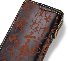 Handmade Leather Mens Chinese Handwriting Biker Chain Wallet Cool Leather Wallet Long Wallets for Men