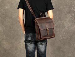 Leather Mens Cool Backpack Messenger Bag Coffee Travel Backpack Hiking Backpack for men