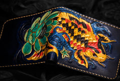 Handmade leather tooled fish carp wallet clutch black billfold wallet brown leather men - EverHandmade
