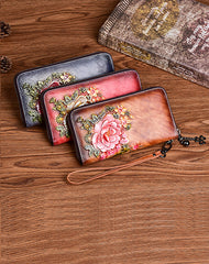 Vintage Flowers Brown Leather Wristlet Wallet Womens Zip Around Wallets Flowers Ladies Zipper Clutch Wallet for Women