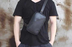Genuine Black Leather Mens Cool Sling Pack Chest Bag Sling Bag Crossbody Pack for men