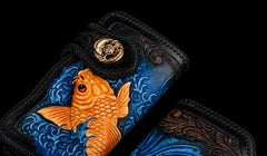 Handmade Leather Carp Tooled Long Mens Chain Biker Wallets Cool Leather Wallet With Chain Wallets for Men