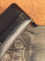 Handmade Genuine Leather Mens Clutch Cool Long Wallet Skull Zipper Clutch Wristlet Wallet for Men