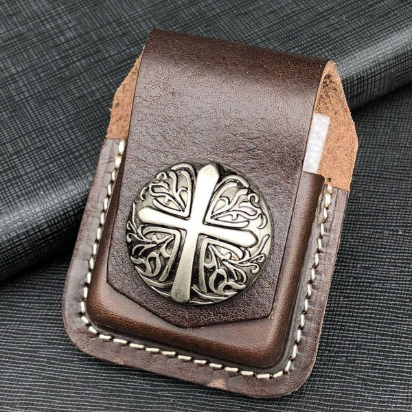 Coffee Handmade Leather Mens Cross Zippo Lighter - Back View