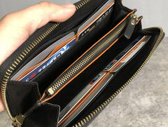 Genuine Leather Mens Cool Long Leather Wallet Zipper Clutch Wristlet Wallet for Men