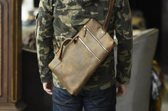 Genuine Leather Mens Cool Chest Bag Sling Bag Crossbody Bag Travel Bag Hiking Bag for men
