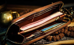 Handmade Leather Tooled Ganesh Mens Chain Biker Wallets Cool Leather Wallet Zipper Long Wallets for Men