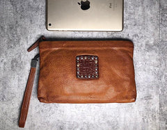 Handmade Genuine Leather Mens Clutch Cool Slim Wallet Zipper Clutch Wristlet Wallet for Men