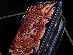 Handmade Leather Tooled Carp Mens Chain Biker Wallet Cool Leather Wallet Zipper Long Phone Wallets for Men