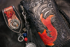 Handmade Leather Long Black Biker Wallet Trucker Wallet Leather Chain Men Red Carp Tooled Wallet - EverHandmade