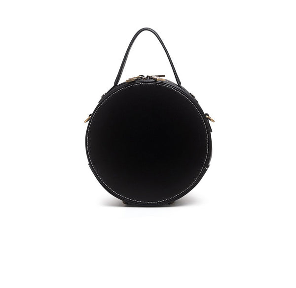 Handmade Womens Brown Leather Round Handbag Purse - Side View