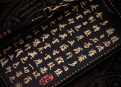 Handmade Leather Mens Chinese Handwriting Biker Chain Wallet Cool Leather Wallets Long Wallets for Men