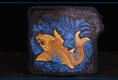 Handmade Leather Long Black Biker Wallet Leather Chain Wallet Men Red Carp Tooled Wallets - EverHandmade