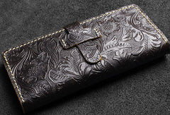 Handmade long leather wallet floral leather clutch wallet for women men zip - EverHandmade