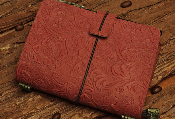 Handmade billfold Bifold Leather Trip Travel Notebook Wallet Floral Leather billfold Wallet For Men Women