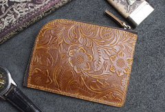 Handmade small leather change coin wallet flowral Zipper leather billfold wallet for men women